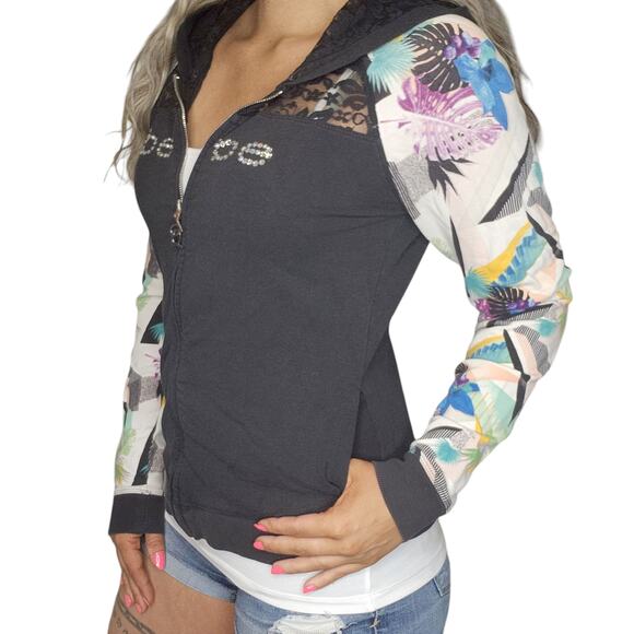 Bebe Sweater Womens Large Y2k 2000s Vintage Black Lace Tropical Retro Sequin - Picture 2 of 15